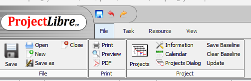 ProjectLibre menüü — Project vahekaart ja Calendar nupp