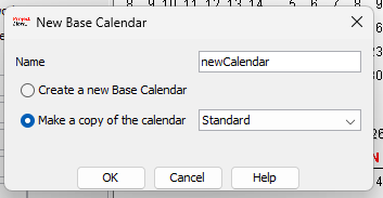 New Base Calendar dialoog — newCalendar, Make a copy of the calendar: Standard
