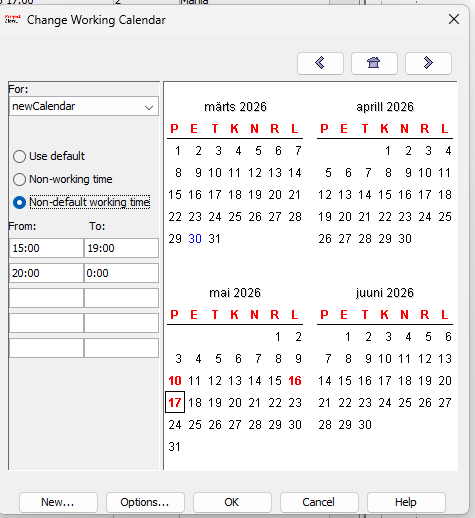 Change Working Calendar aken — newCalendar, Non-default working time 15:00–19:00 ja 20:00–00:00