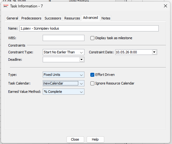 Task Information — Advanced vahekaart, Task Calendar: newCalendar